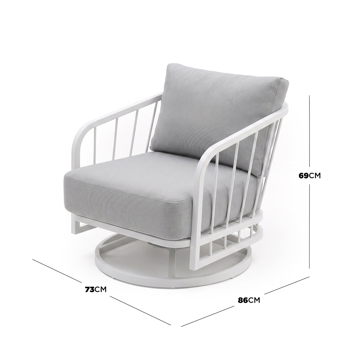 Lounge chair on white background with width, depth, and height measurements displayed