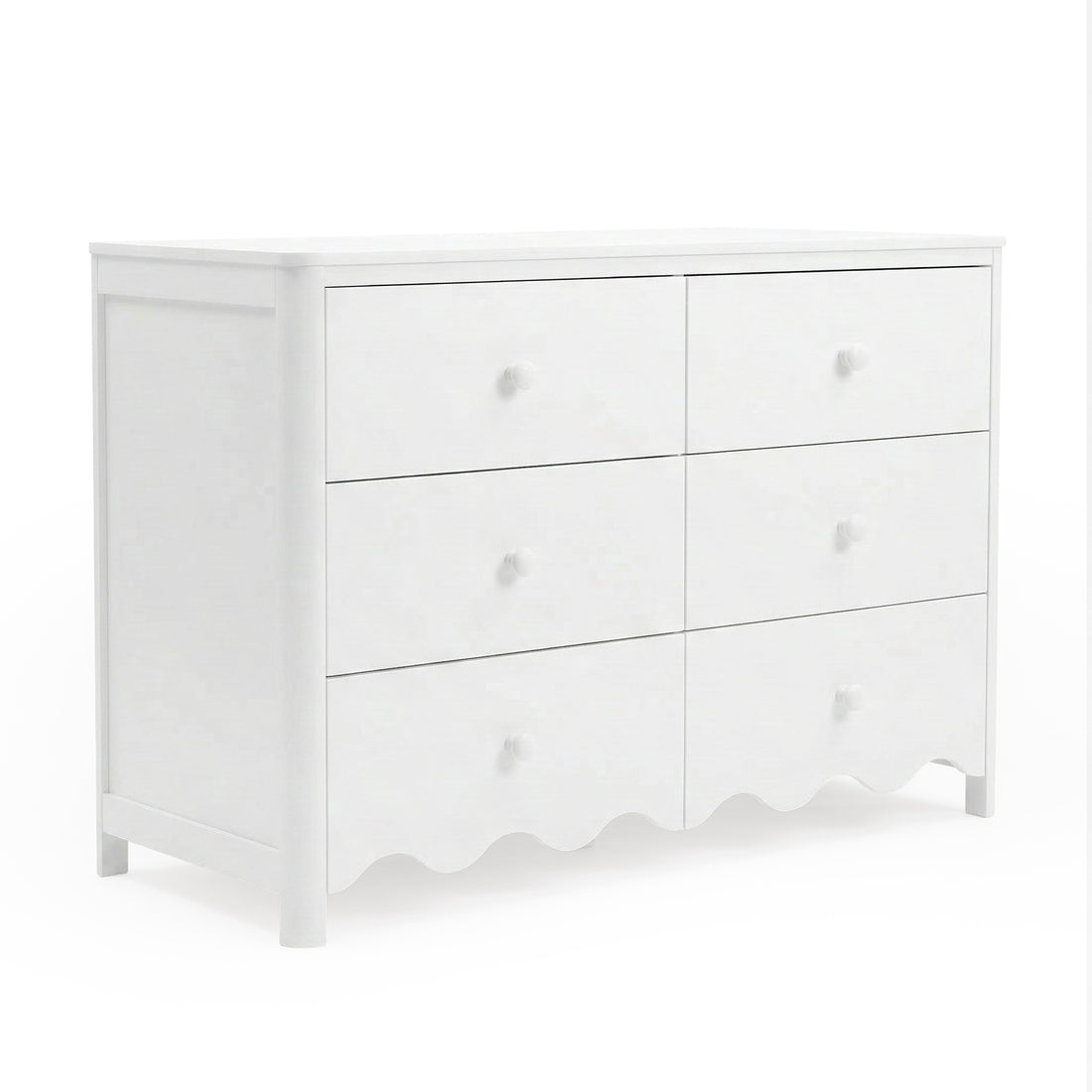 Angled view of white dresser on white background showing front and side