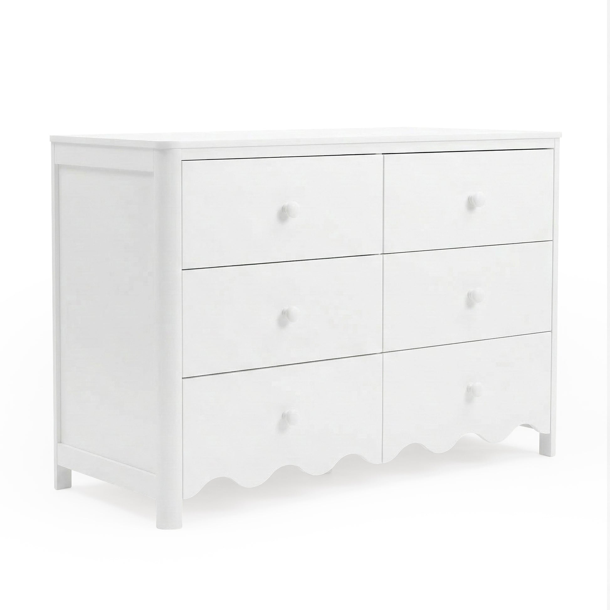 Angled view of white dresser on white background showing front and side