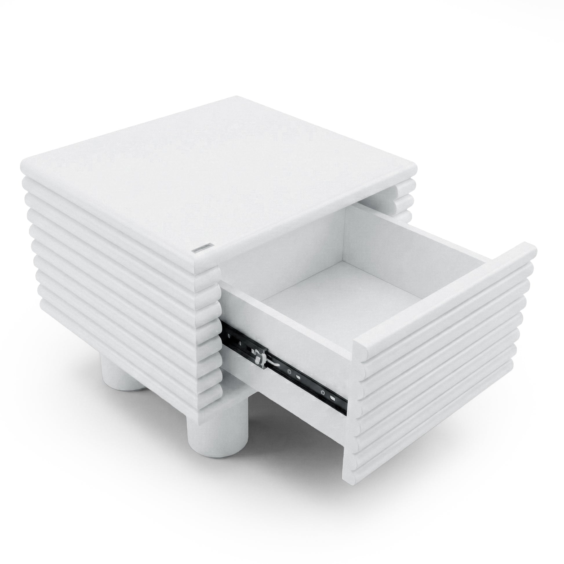 White modern nightstand with ribbed sides and partially open drawer on white background