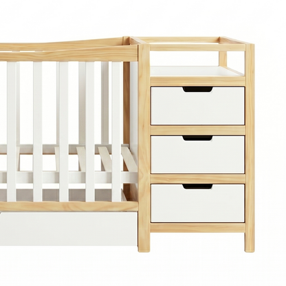 Nursery crib with attached storage unit on a white background