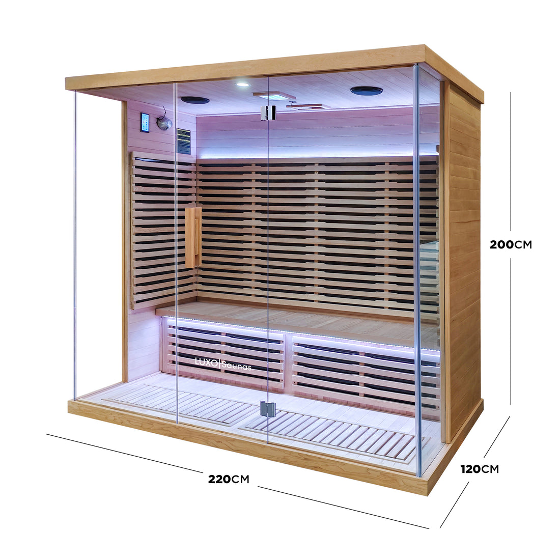 Full sauna cabin with labeled dimensions on a white background