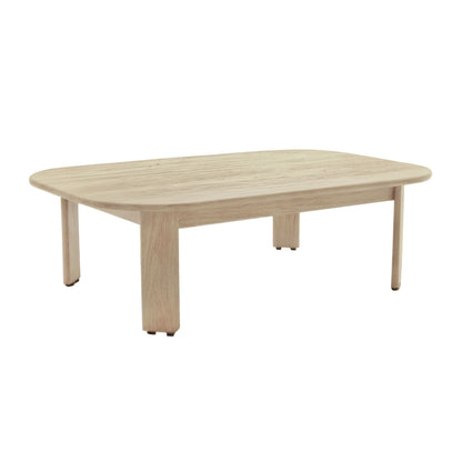 Elani 5 Seater Acacia Hardwood Outdoor Sofa Set features a light-toned wooden coffee table with rounded corners and sturdy legs, complementing the set's modern, relaxed aesthetic for outdoor gatherings.