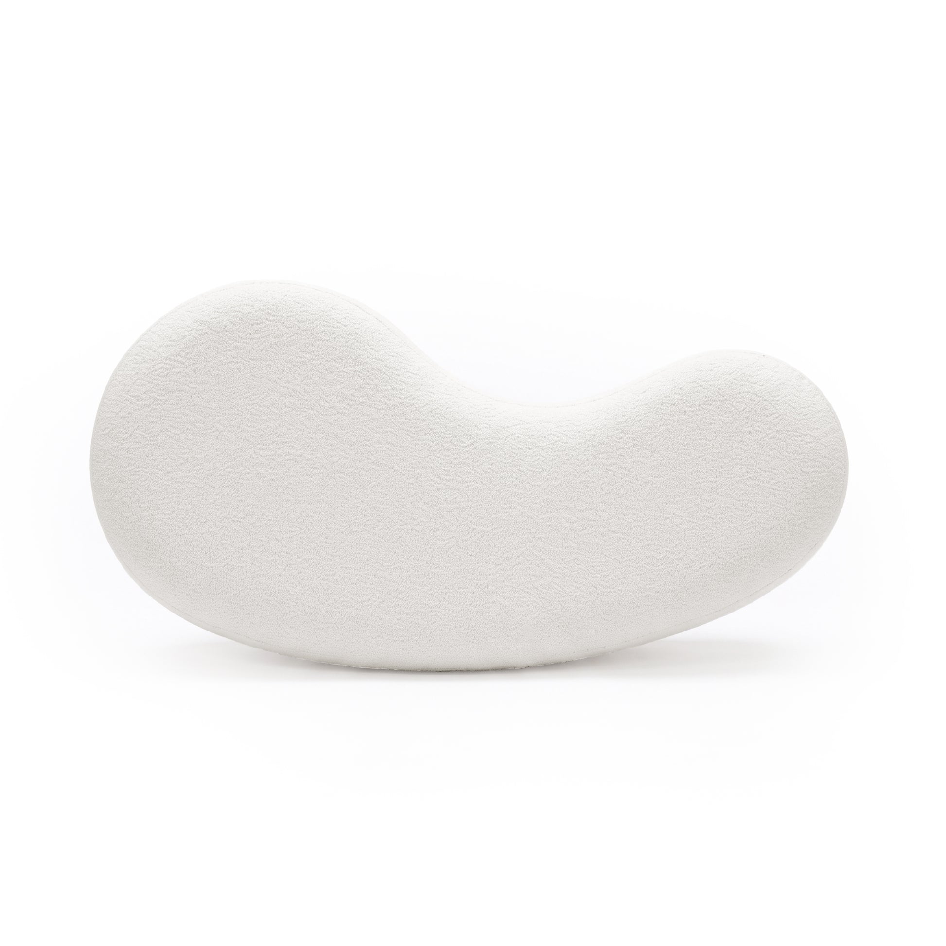 Plush kidney-bean-shaped white cushion on a white background
