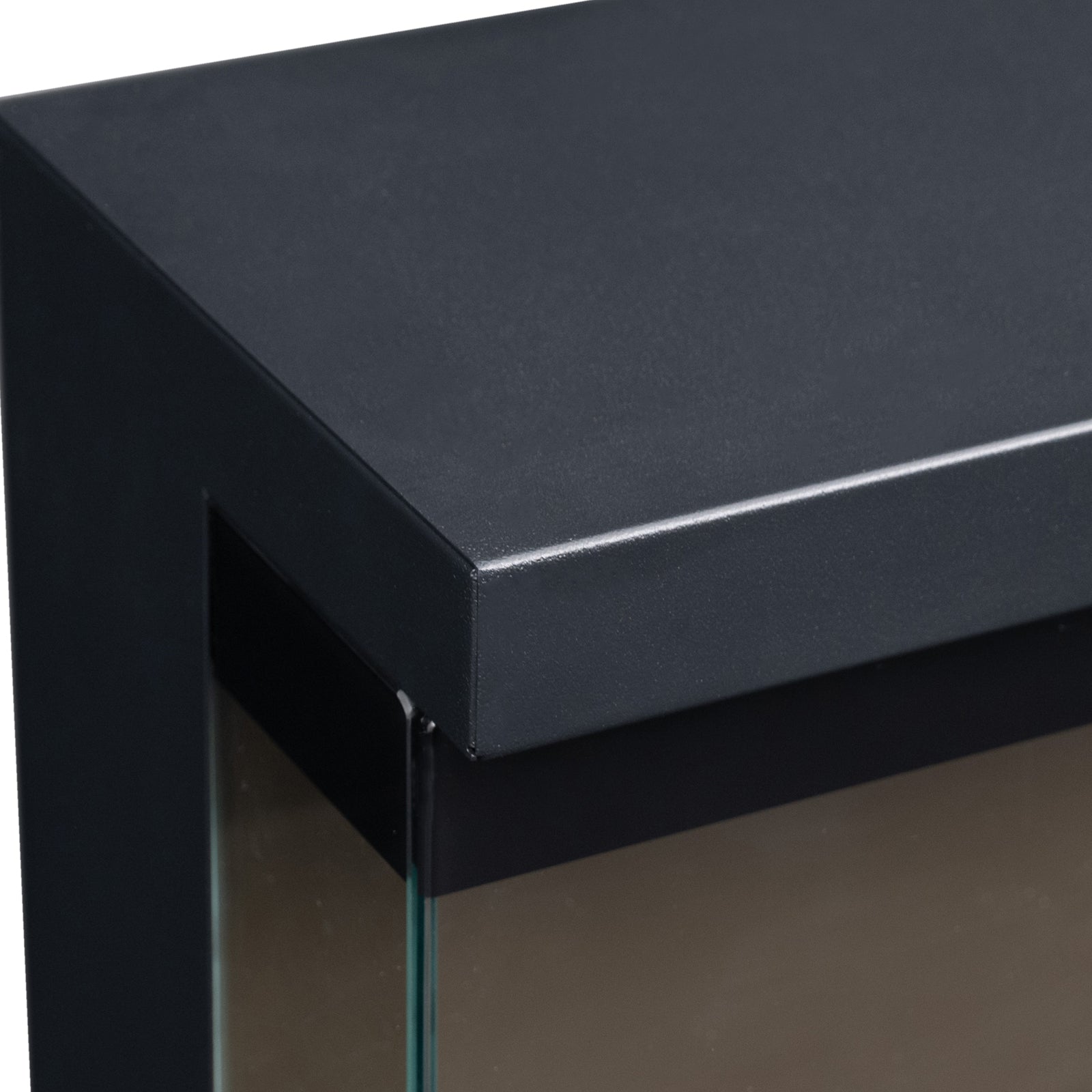 Close-up corner of LEFBERIDA electric fireplace frame on white background