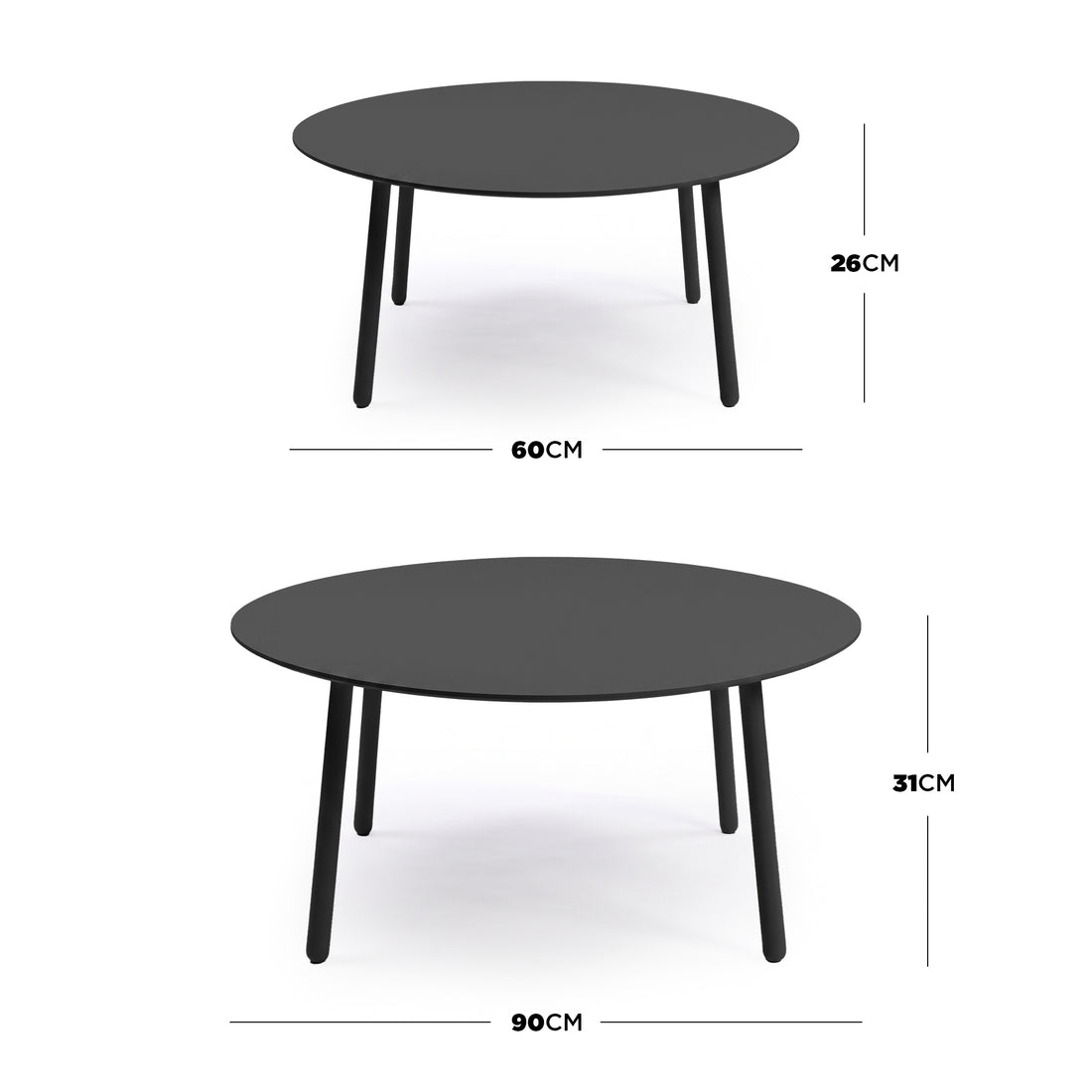 Two round nesting tables on white background with dimension measurements shown
