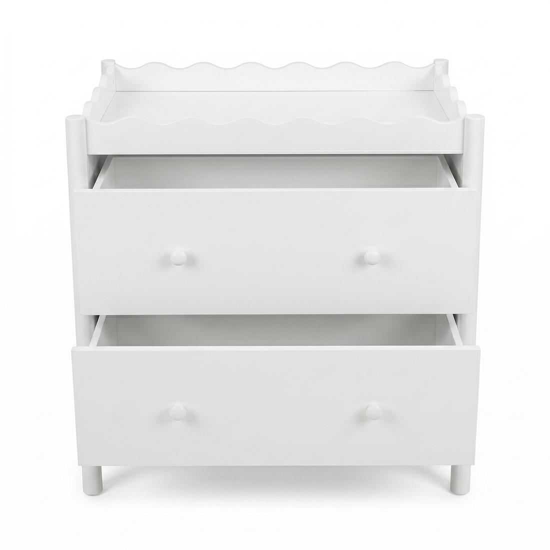 White changing table dresser with open drawers on a white background