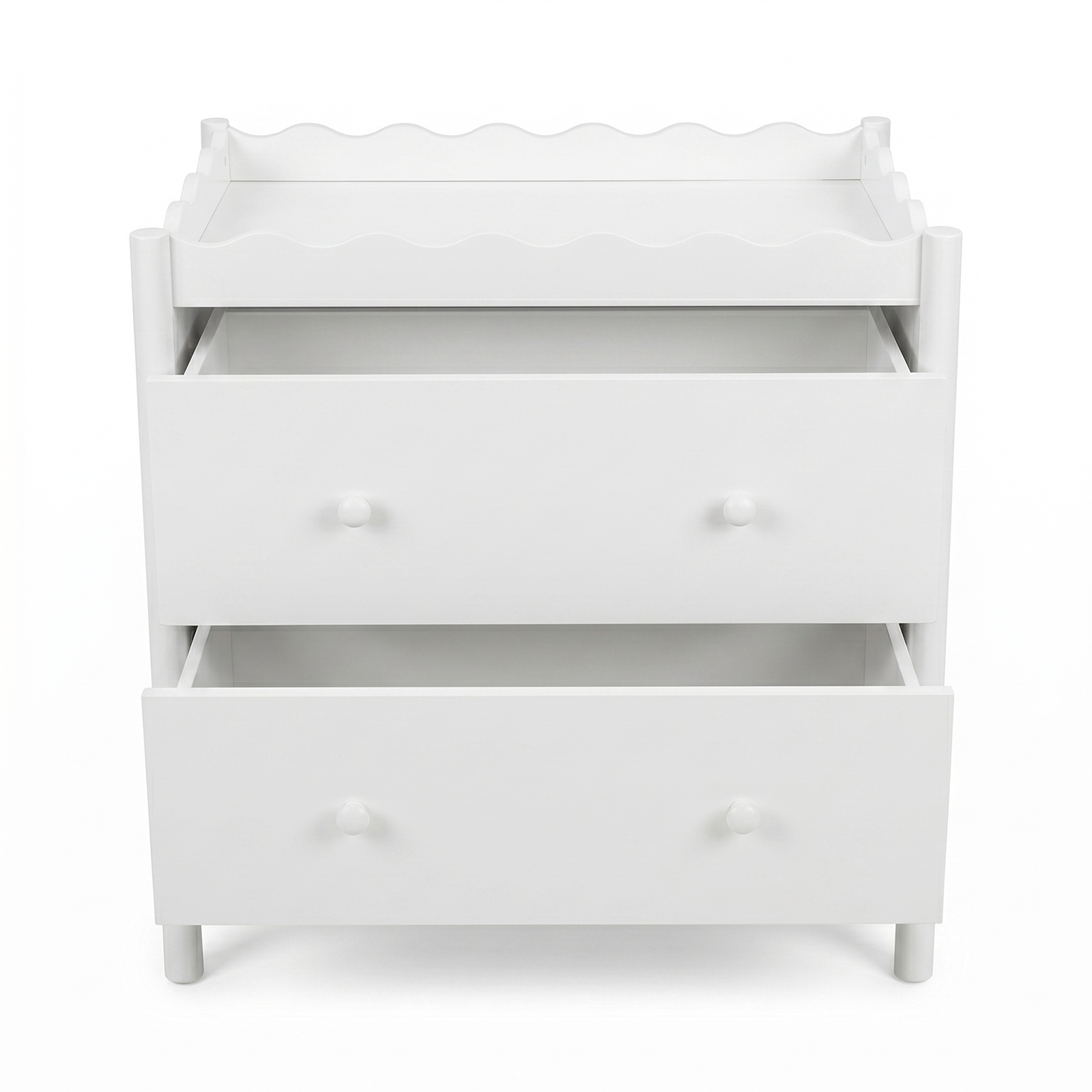 White changing table dresser with open drawers on a white background