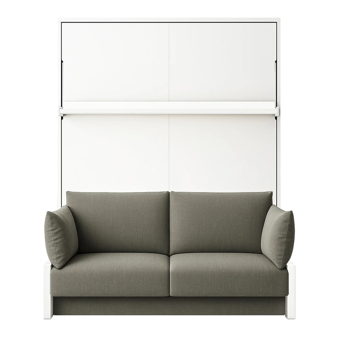 Byron Queen Murphy Bed with Mattress in White & Grey, featuring a two-seat grey sofa in front of fold-down bed cabinet with sleek panels, embodying a smart space-saving design.
