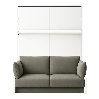 Byron Queen Murphy Bed with Mattress in White & Grey, featuring a two-seat grey sofa in front of fold-down bed cabinet with sleek panels, embodying a smart space-saving design.