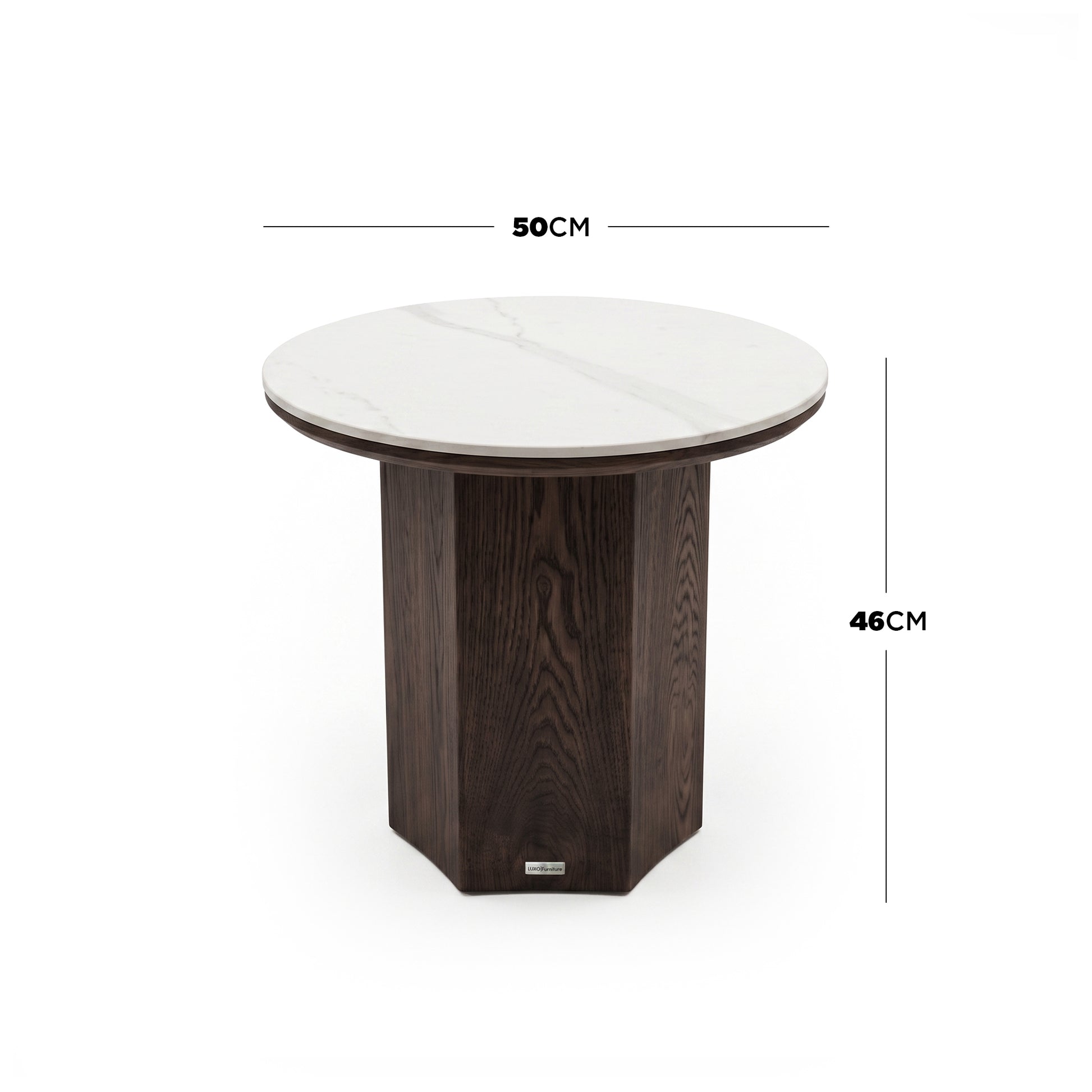 Round side table on white background with 50cm diameter and 46cm height dimensions shown