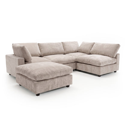Light beige L-shaped sectional sofa on a white background in three-quarter view
