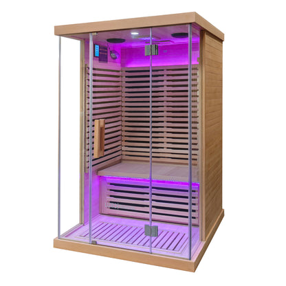 Luxury wooden sauna with glass doors and purple interior lighting on a white background.