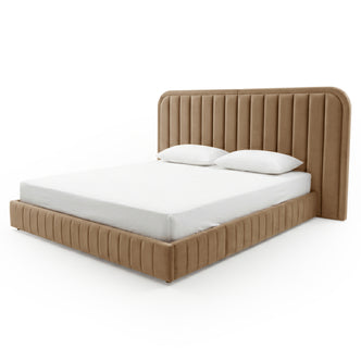 Modern tan upholstered king bed with white mattress and pillows on a white background