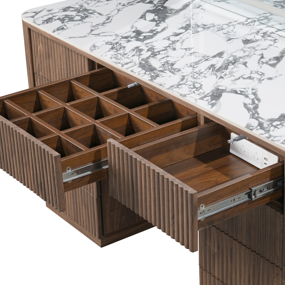 Open drawers and marble-top detail of a vanity or cabinet