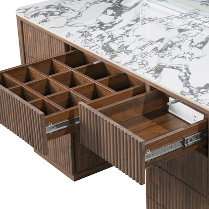 Open drawers and marble-top detail of a vanity or cabinet