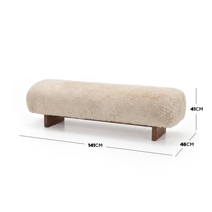 Beige upholstered bench on white background with dimensions shown