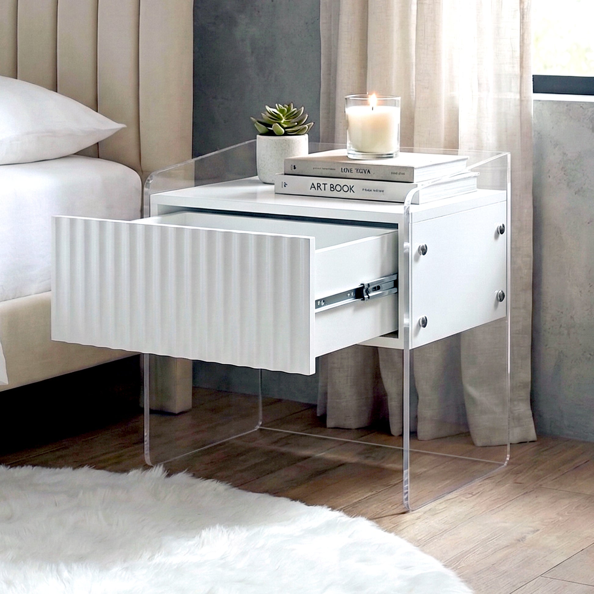 Nightstand with open drawer in bedroom setting