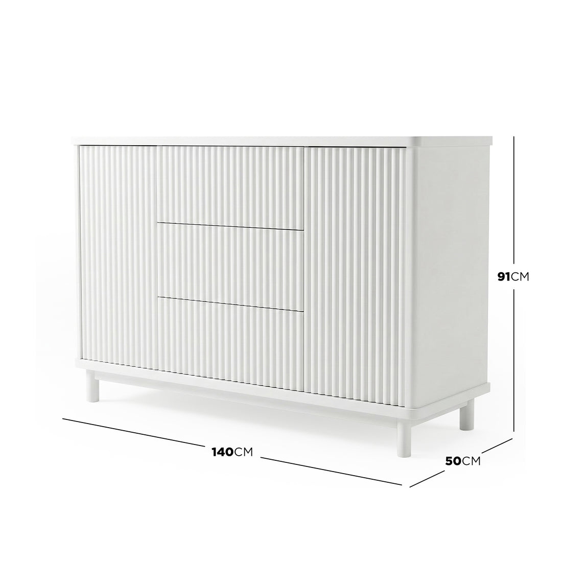 White sideboard with dimensions displayed on white background
