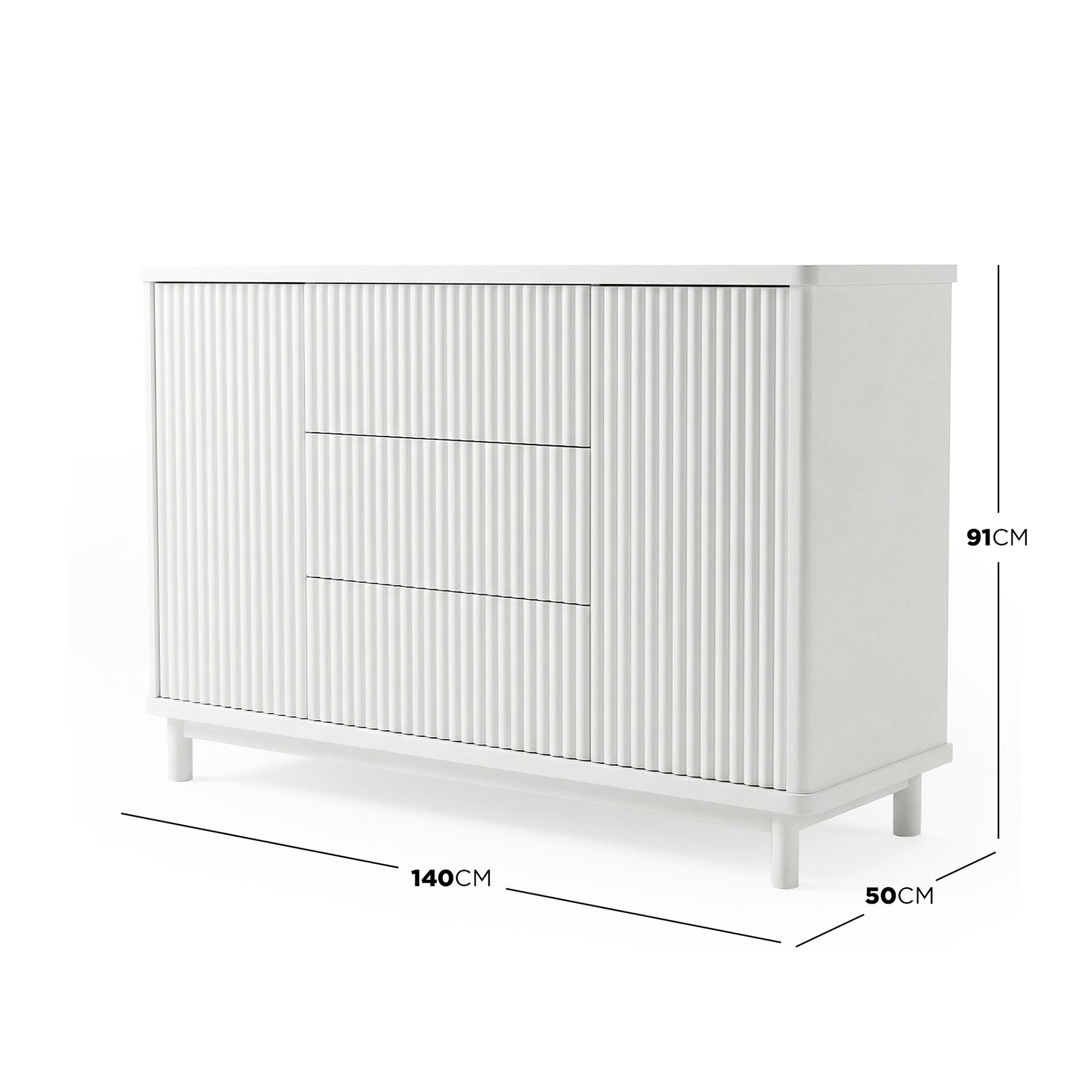 White sideboard with dimensions displayed on white background