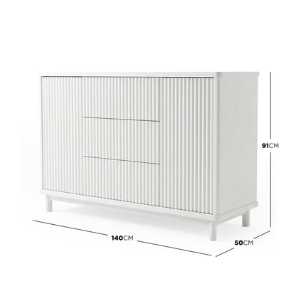 White sideboard with dimensions displayed on white background
