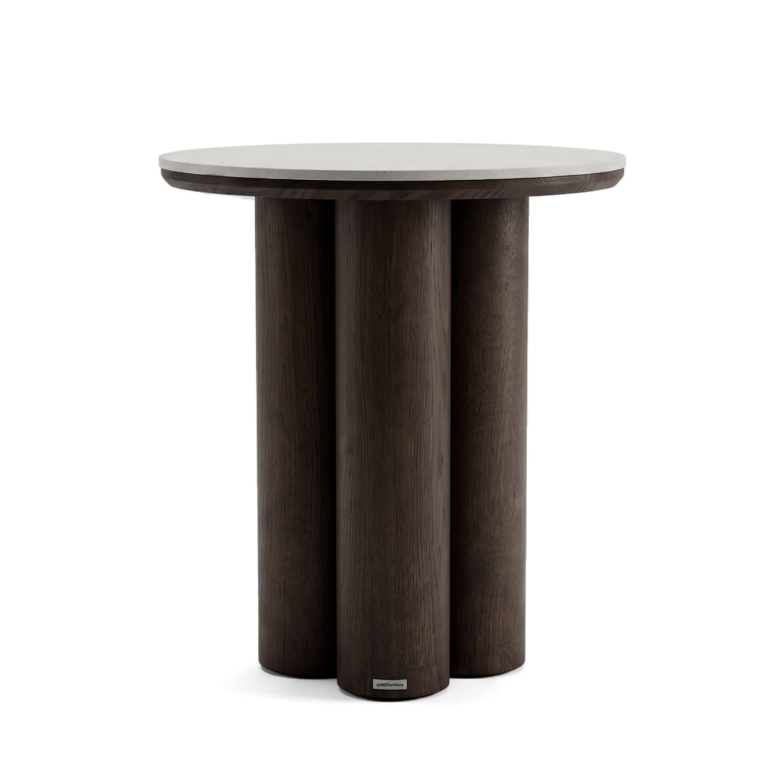 Round modern side table with dark wood finish on a white background