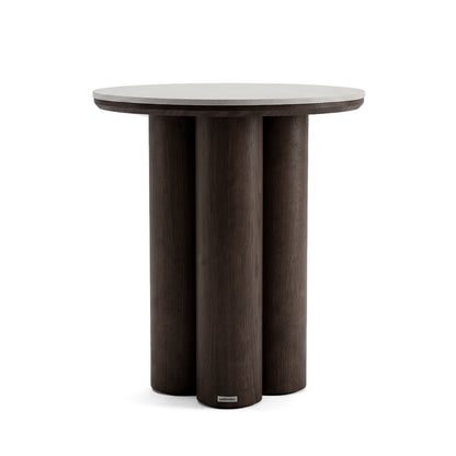 Round modern side table with dark wood finish on a white background