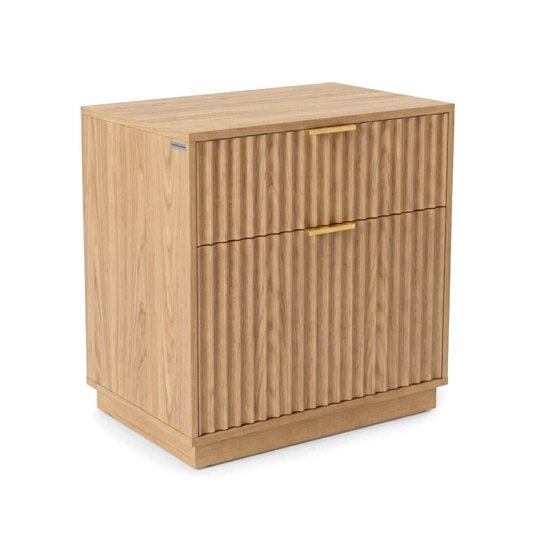 Wooden storage cabinet with fluted fronts and gold-tone handles on a white background