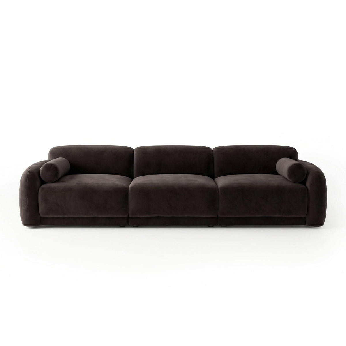 Modern three-seat sofa with rounded armrests on white background