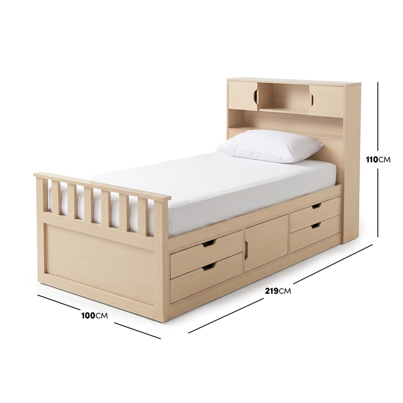 Wooden bed with storage drawers and headboard shelving shown on a white background with dimensions labeled