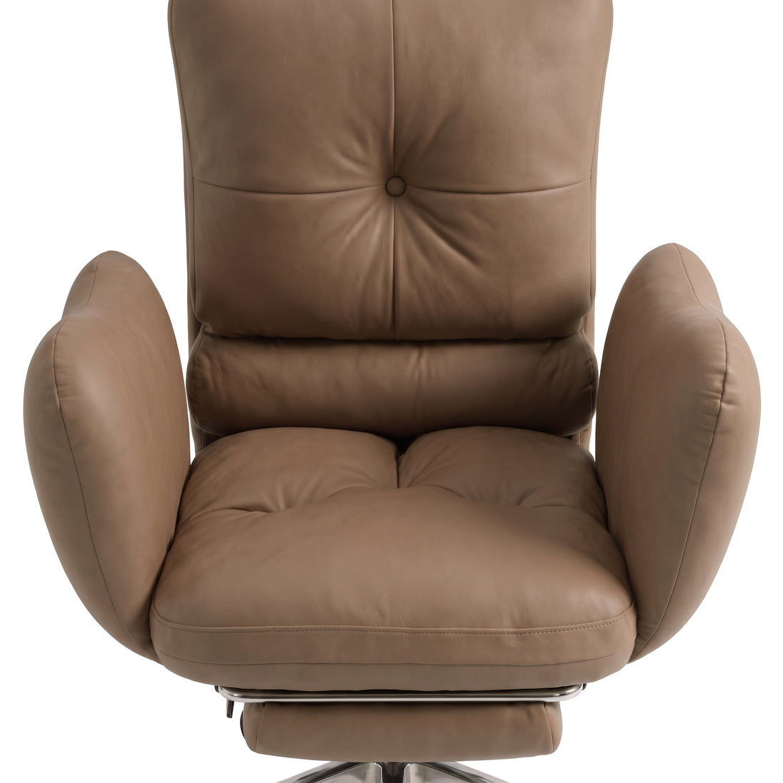 Modern brown leather swivel lounge chair with plush cushioning and tufted details on a white background