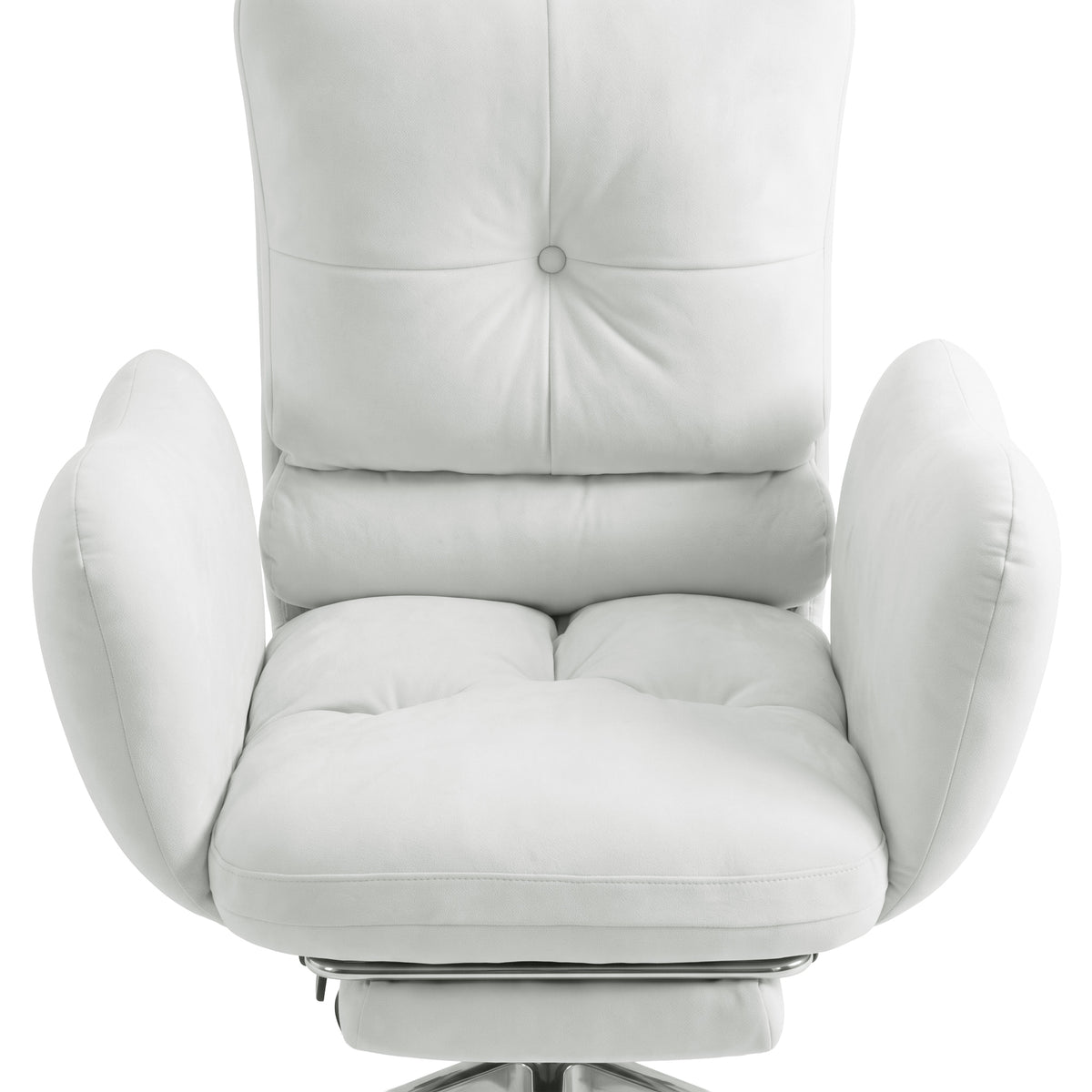 Plush white armchair-style swivel chair on white background with partially cropped base
