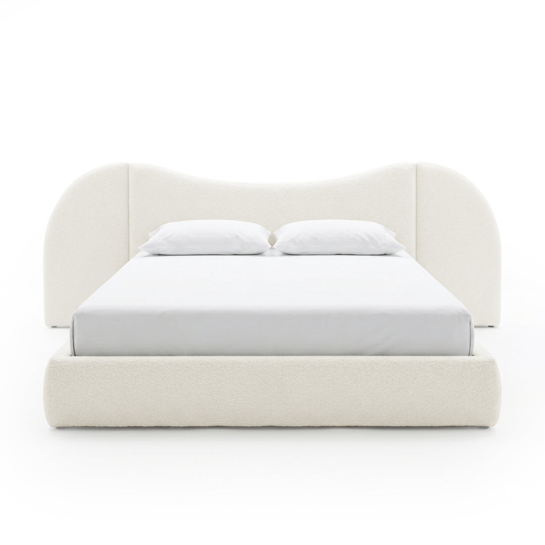 Off-white upholstered bed with curved headboard on white background
