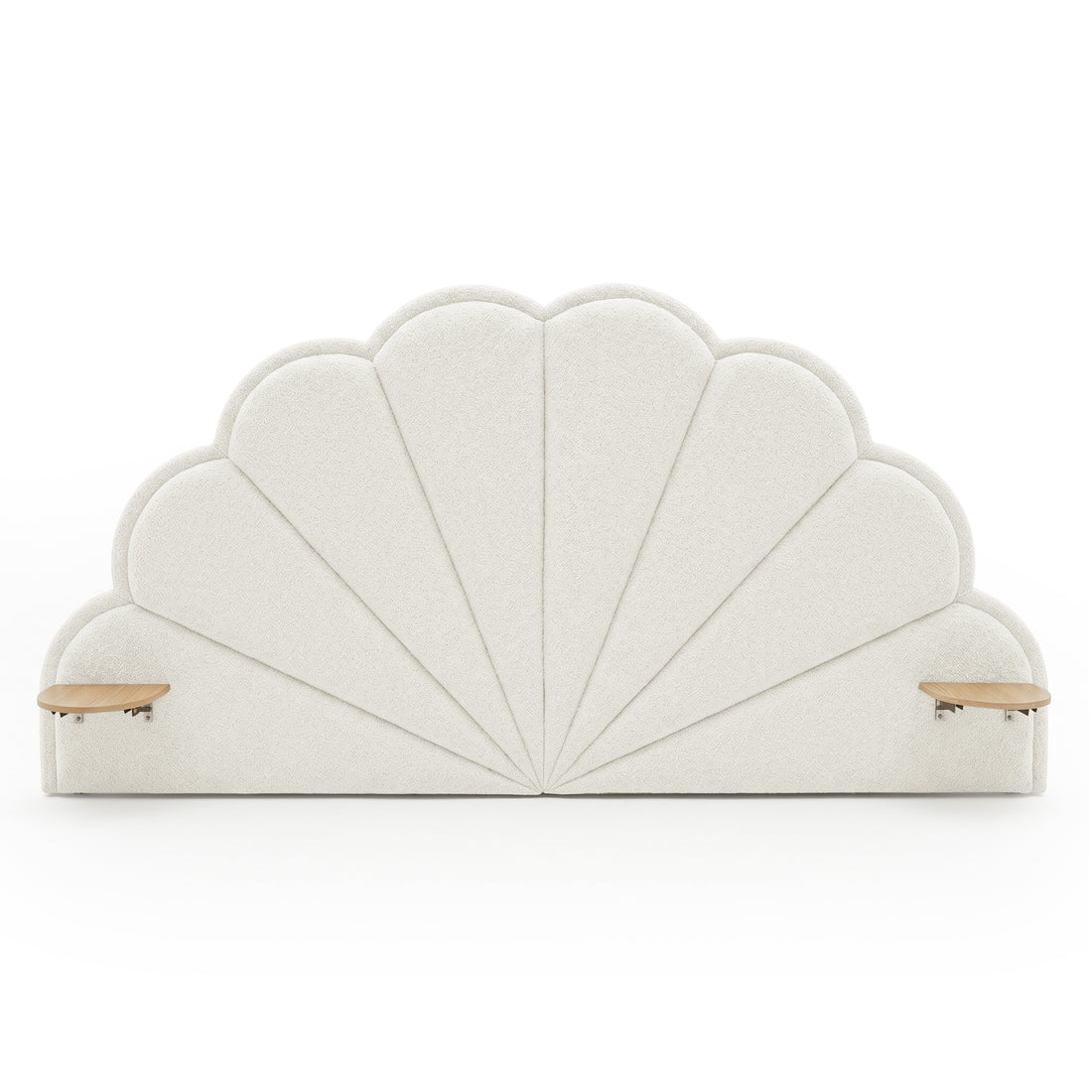 Scalloped fan-like upholstered headboard with side shelves on white background