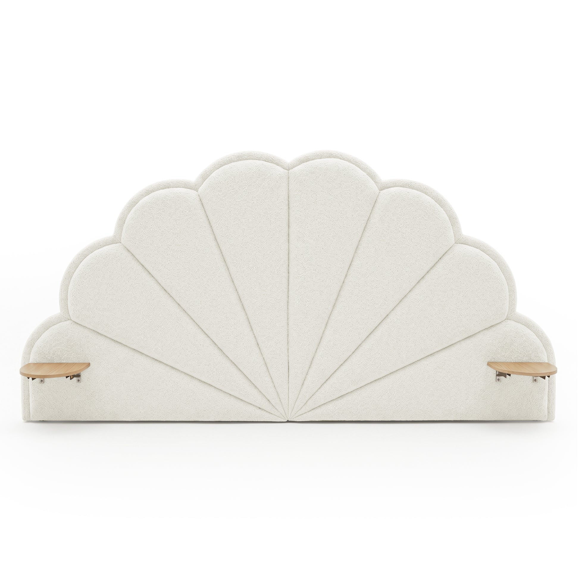 Scalloped fan-like upholstered headboard with side shelves on white background