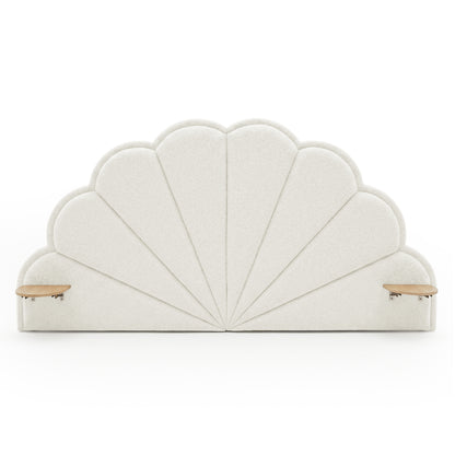Scalloped fan-like upholstered headboard with side shelves on white background