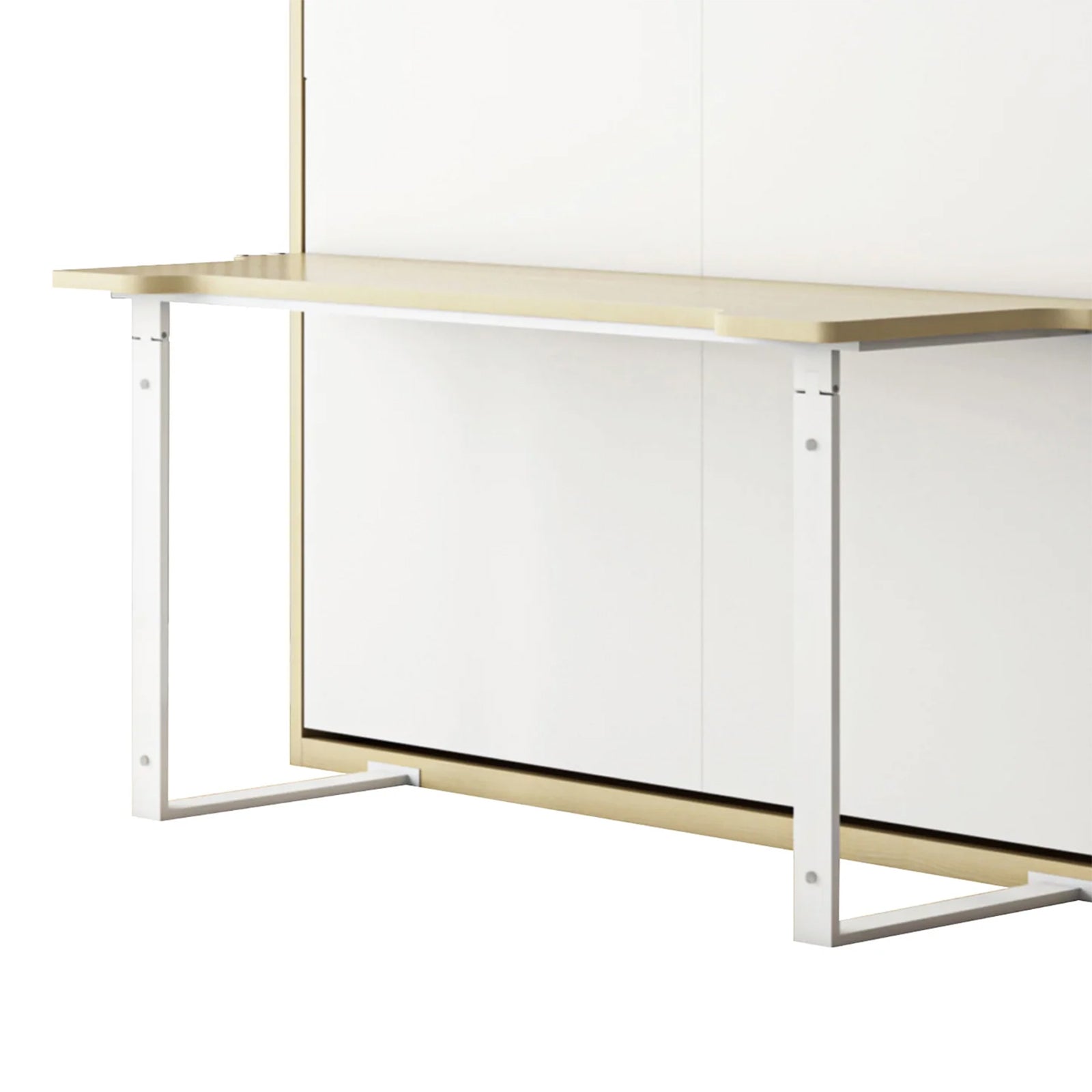 Logan Queen Murphy Bed with Cybele Mattress features a minimalist floating desk—a light-wood tabletop with white U-shaped brackets, mounted on a wall panel for compact, stylish functionality.