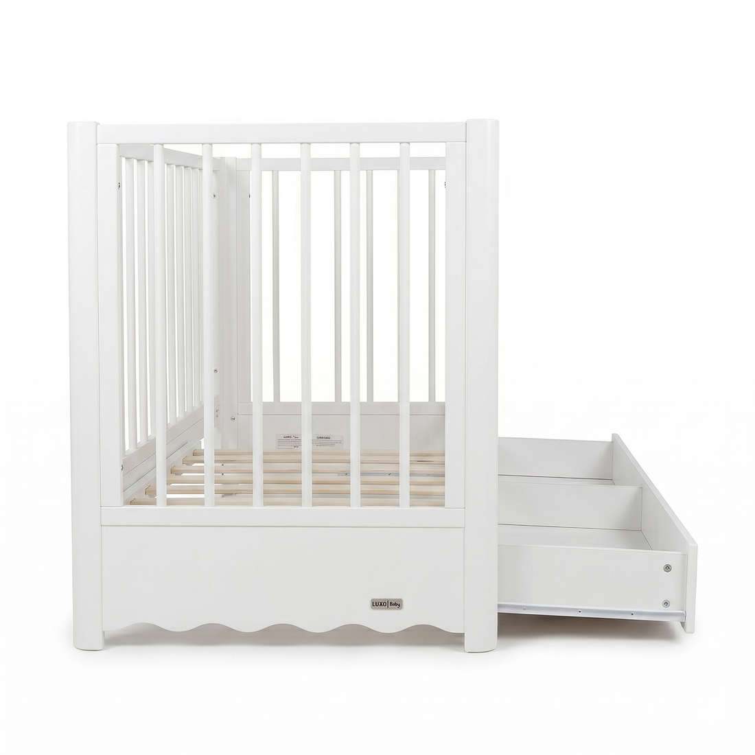 White baby crib with attached staircase on white background