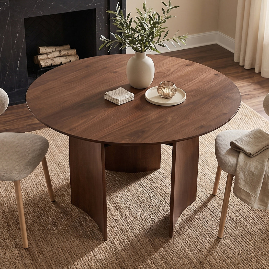 Round wooden dining table in a styled room with fireplace and chairs
