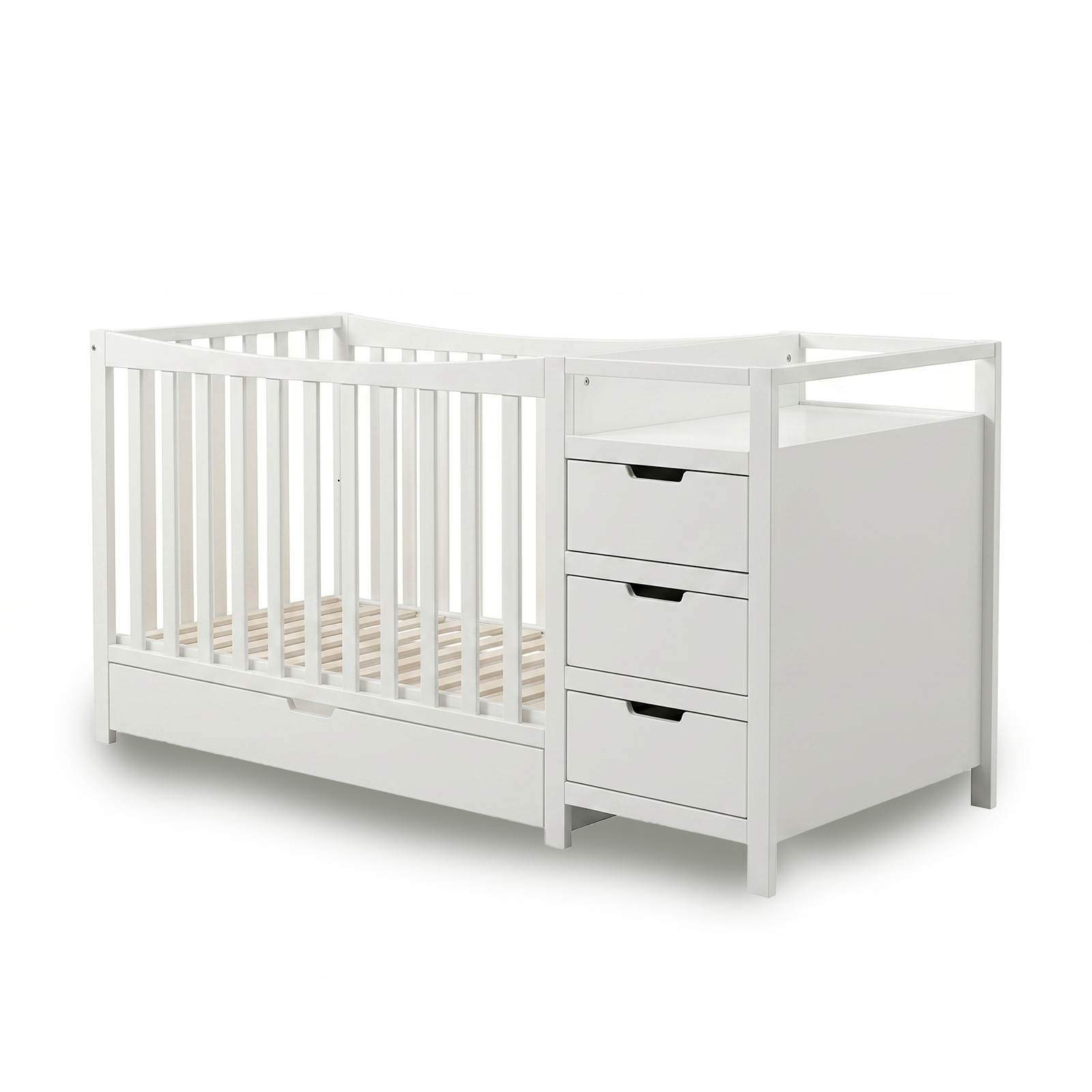 White baby crib with integrated drawers on a white background