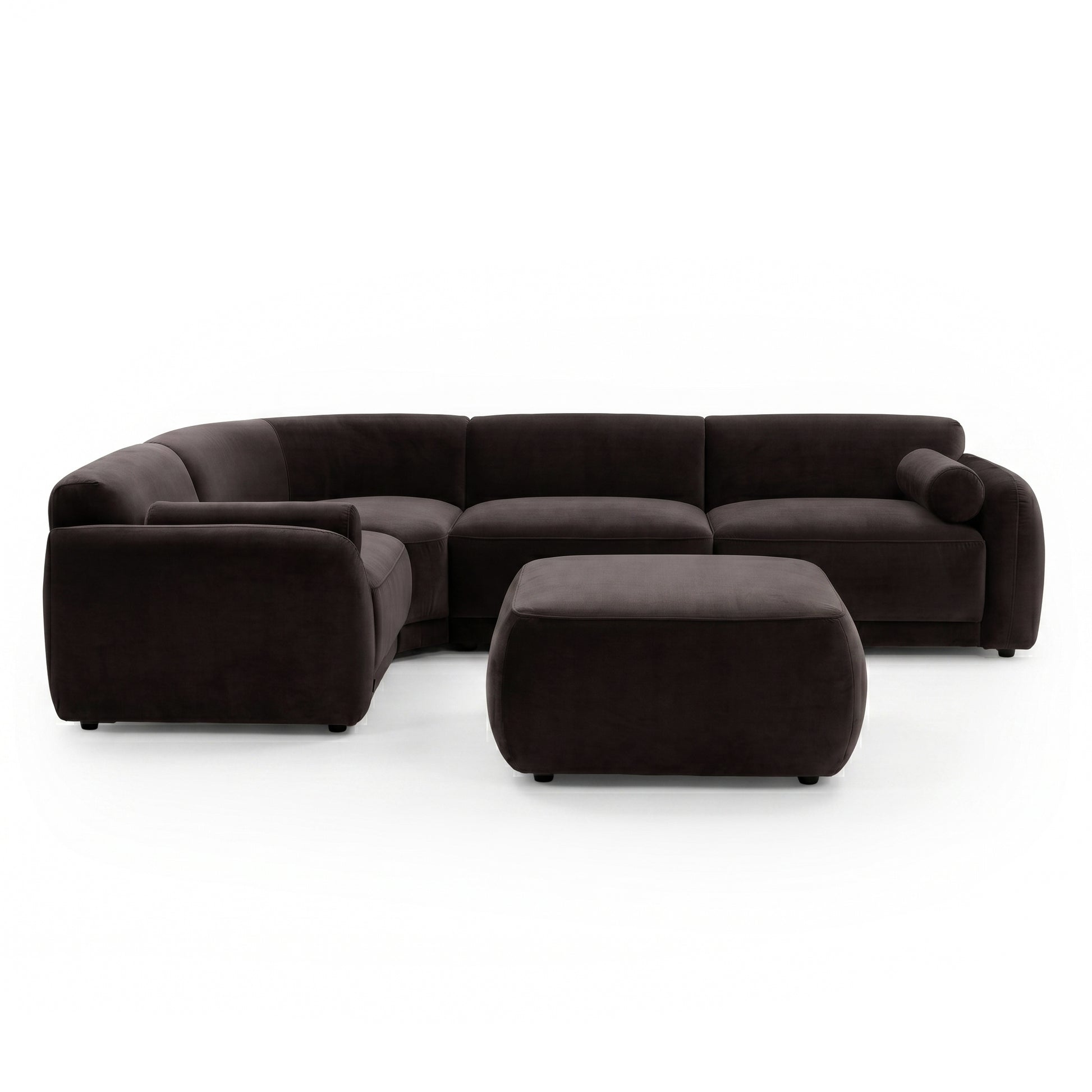 Dark brown modern sectional sofa with ottoman on white background