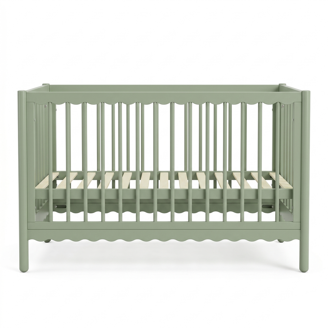 Full-view of sage green baby crib on white background