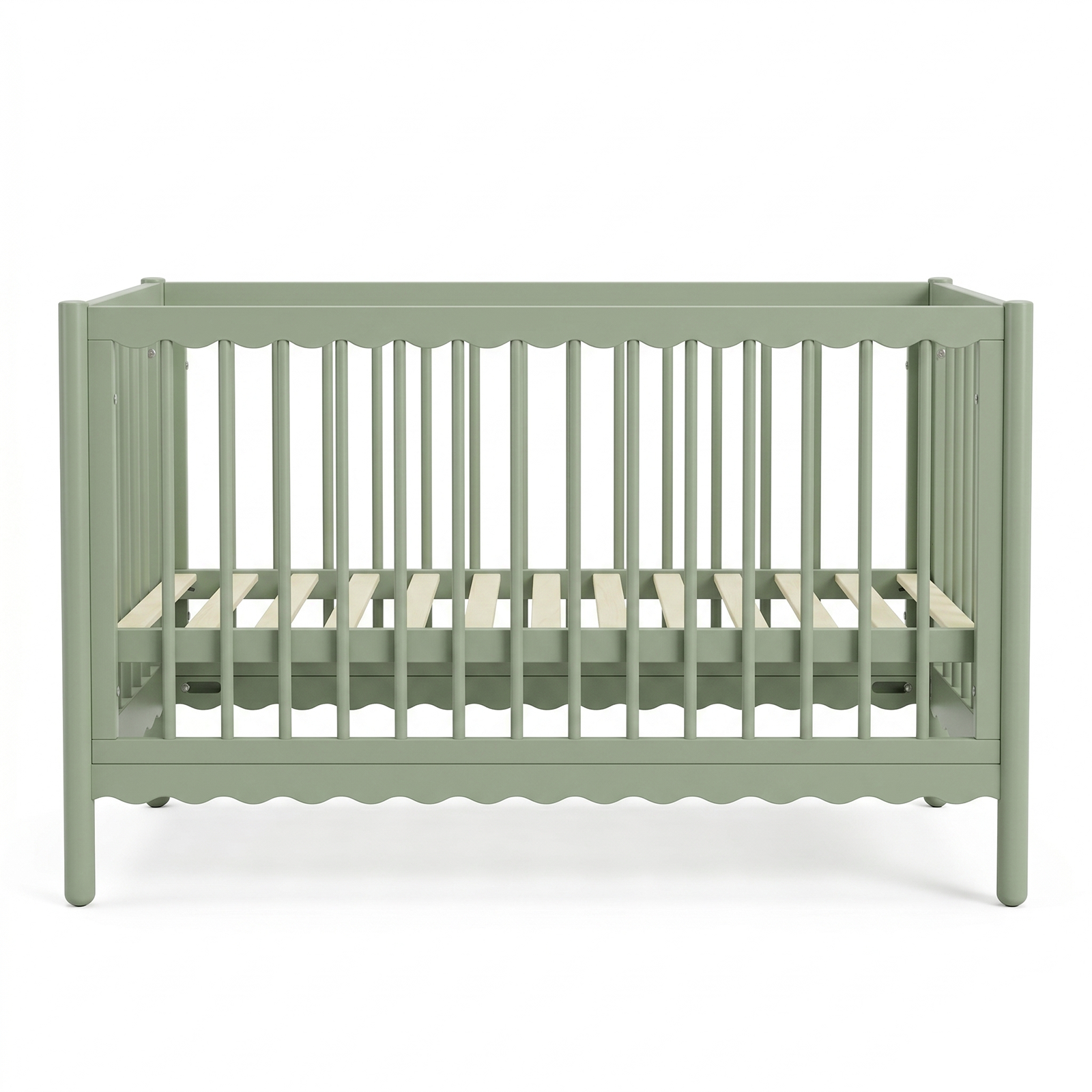 Full-view of sage green baby crib on white background