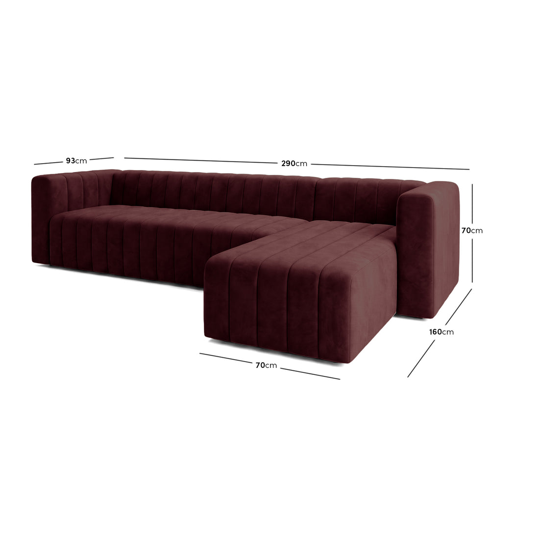 Modern Dark Merlot L-shaped sectional sofa on a white background with dimension lines and measurements.