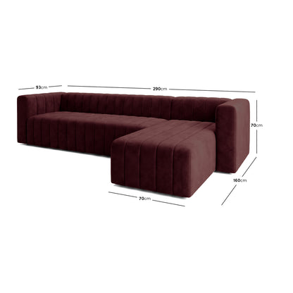Modern Dark Merlot L-shaped sectional sofa on a white background with dimension lines and measurements.