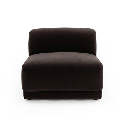 Sleek armless accent chair in dark plush fabric on white background