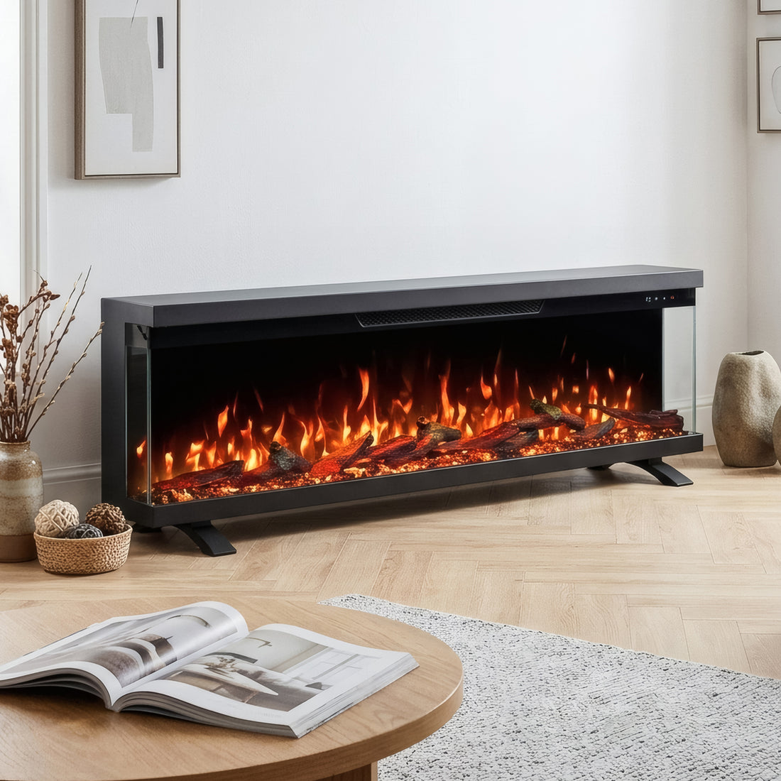 LEFBERIDA 60-inch black electric fireplace in a modern living room with stylish décor