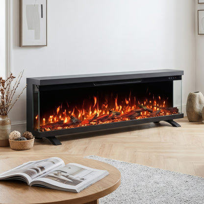 LEFBERIDA 60-inch black electric fireplace in a modern living room with stylish décor