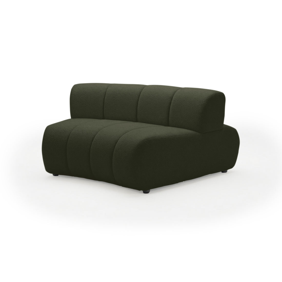 Armless two-seat dark green sofa on white background