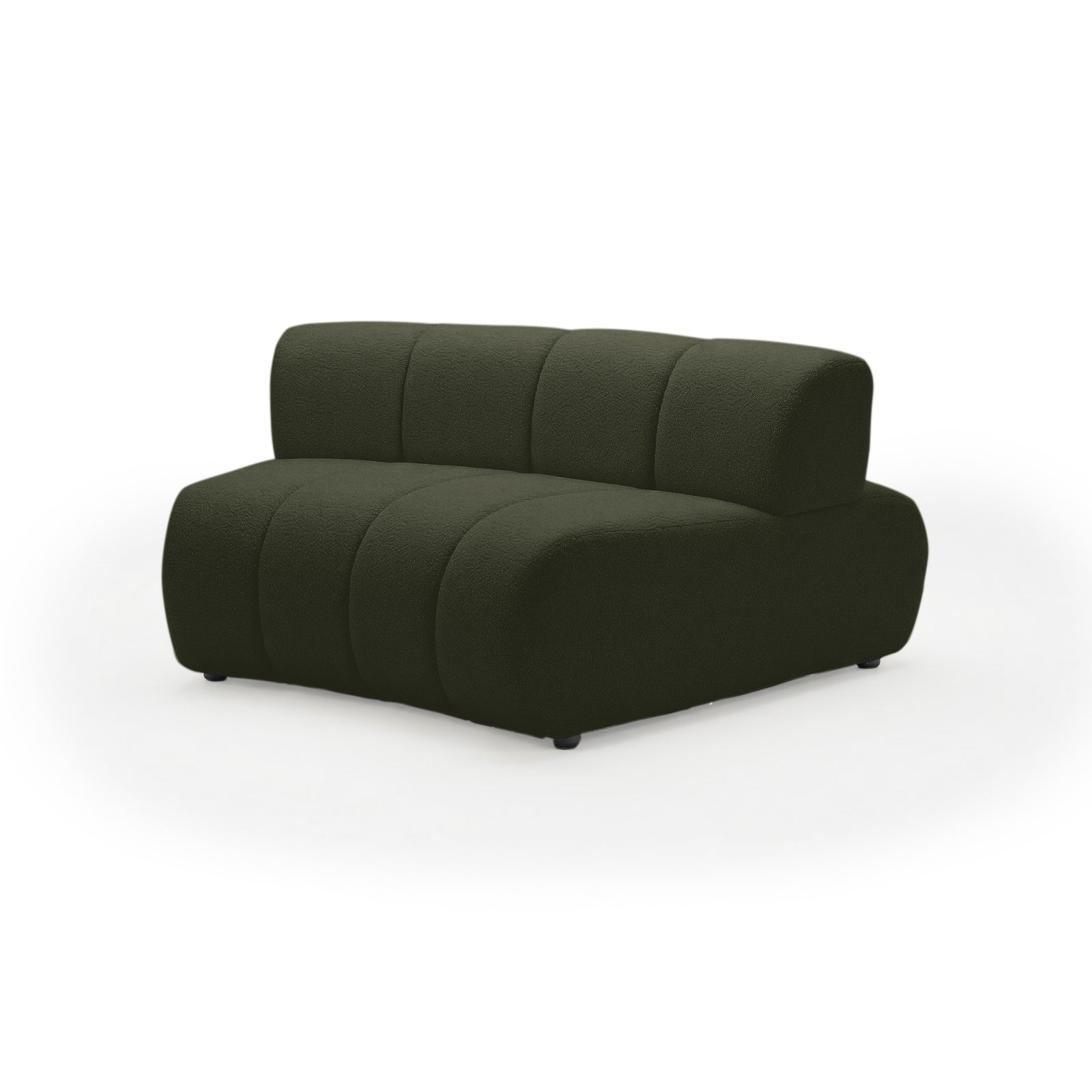 Armless two-seat dark green sofa on white background